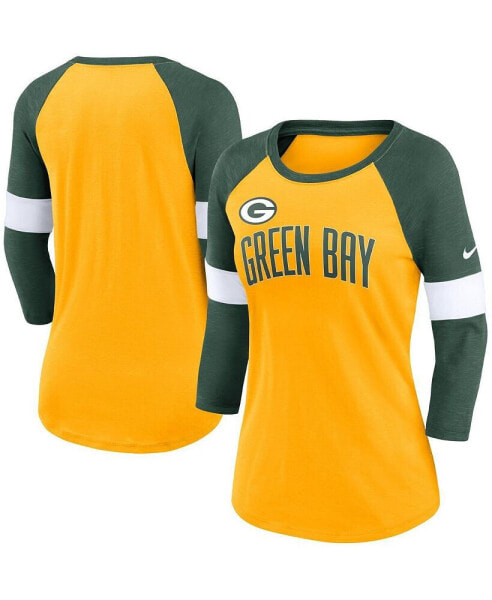 Women's Green Bay Packers Heather Gold, Heather Green Football Pride Raglan 3/4-Sleeve T-shirt