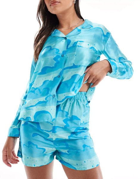 Luna cloud print long sleeve satin revere pyjama set in blue