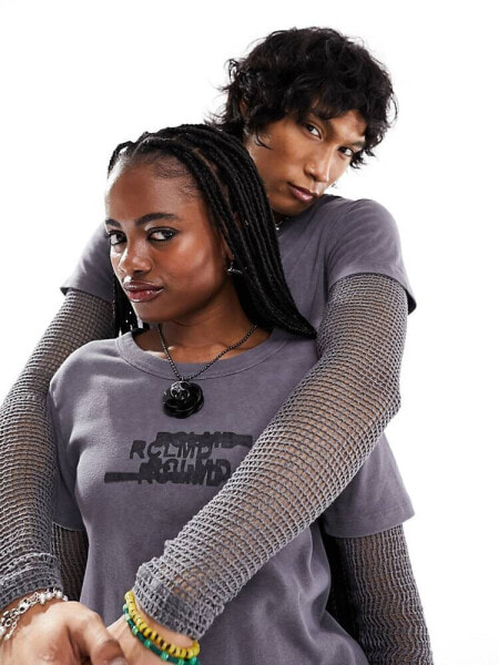 Reclaimed Vintage unisex grunge double layer t-shirt with fishnet sleeves