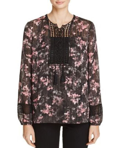 $128. T Tahari Women's Lace Up Linda Peasant Long Sleeve Blouse Black Multi M