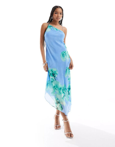 Mango aysmmetric hem floral midi dress in light blue