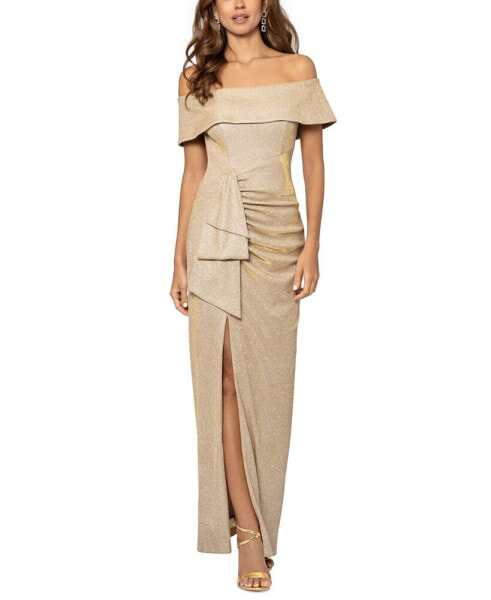 Women's Off-The-Shoulder Draped-Detail Leg-Slit Gown