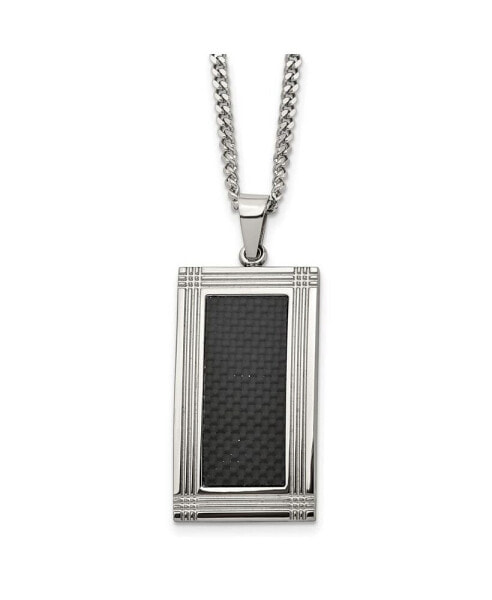 Chisel grooved Black Carbon Fiber Inlay Rectangle Dog Tag Curb Chain Necklace