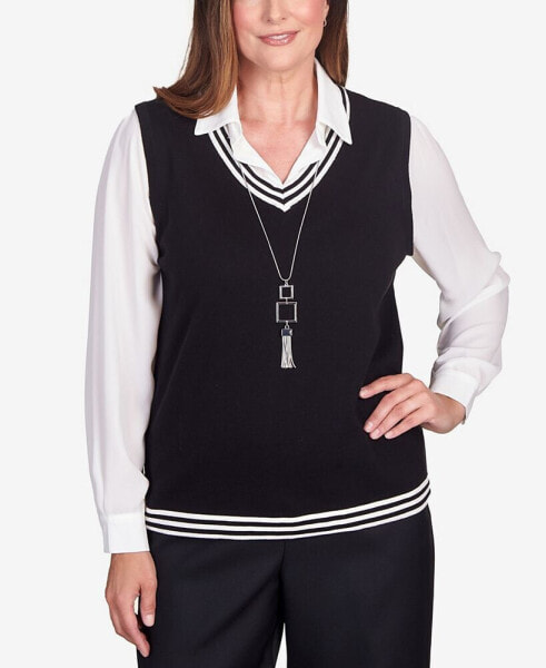 Women's Downtown Vibe Stripe Trim Vest with Attached Collared Sweater