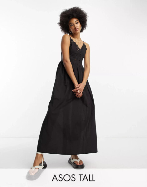 ASOS DESIGN Tall cutwork detail midi skater sundress in black