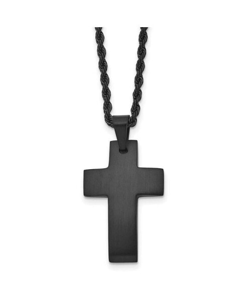 Chisel brushed Black IP-plated Cross Pendant on a Rope Chain Necklace