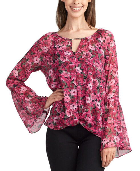 Juniors' Twisted Keyhole Floral Bell-Sleeve Top
