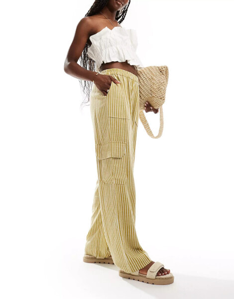 Noisy May linen mix loose cargo trouser in yellow stripe