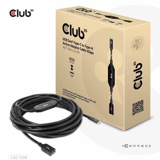 Club 3D USB Gen1 Type-C to Type-A Active Adapter Cable 5Gbps M/F 10m/32.8ft - 10 m - USB C - USB A - USB 3.2 Gen 1 (3.1 Gen 1) - 5000 Mbit/s - Black