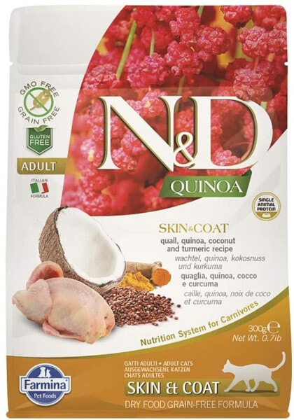 Сухой корм для кошек FARMINA N&D, Quinoa, для ухода за шерстью, с перепелкой, кокосом и куркумой, 0.3 кг