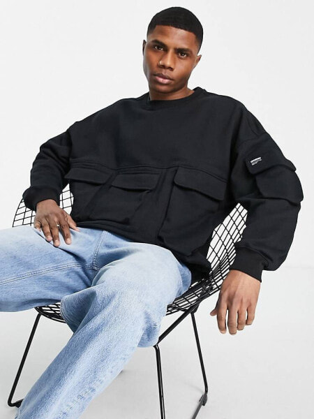 Dr Denim utility pocket crew neck sweat in black  