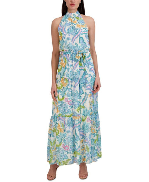 Women's Mock-Neck Printed Three-Tier Maxi Dress