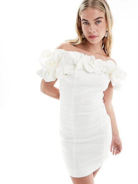 Y.A.S Bridal ruffle off the shoulder mini dress in white 