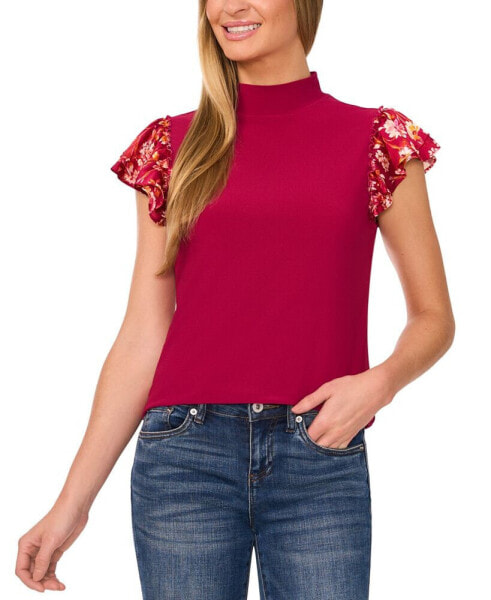 Women's Mock Neck Flutter-Sleeve Top