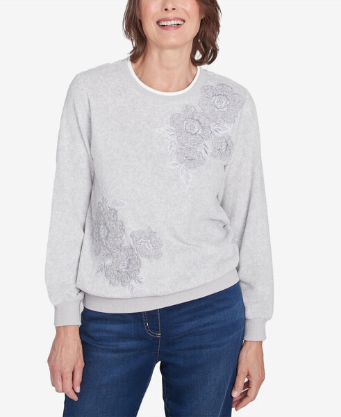 Petite Classic Sherpa Floral Embroidered Top