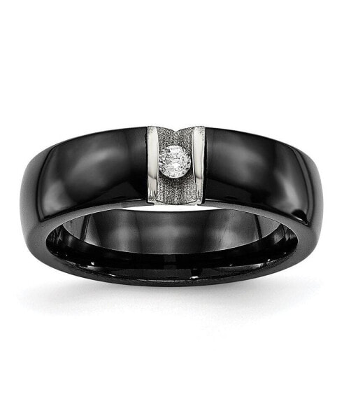Stainless Steel Polished Laser Cut Black Ceramic CZ Ring