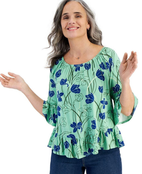 Women's Printed On-Off Ruffle Sleeve Top, Created for Macy's