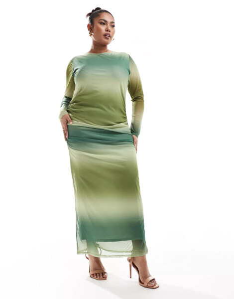 In The Style Plus mesh ruched maxi dress in green ombre