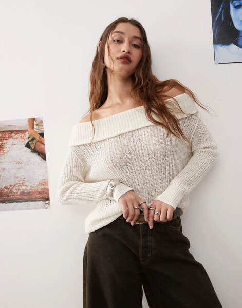 Weekday Lori off shoulder lightweight knit jumper in white