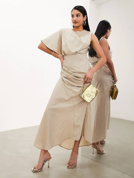 ASOS EDITION washed one shoulder midaxi dress with ruched detail in beige