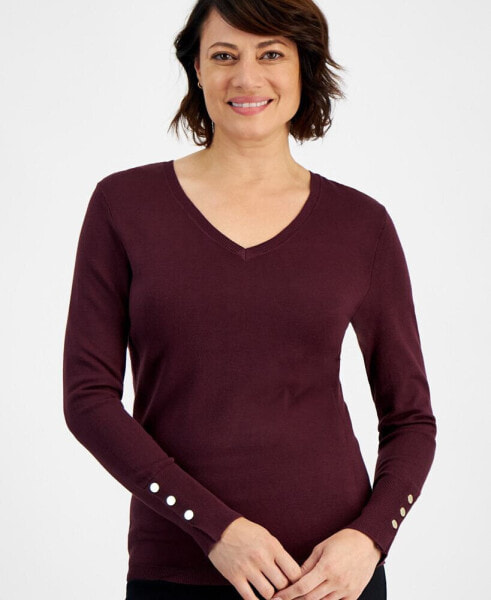 Women's Button-Cuff V-Neck Sweater, Created for Macy's