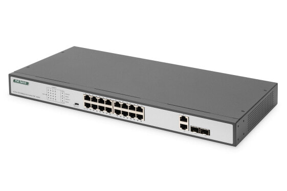DIGITUS 16-Port Fast Ethernet PoE Networkswitch, 19 Zoll, unmanaged,2 Uplink Ports, SFP, 250 W, af/at