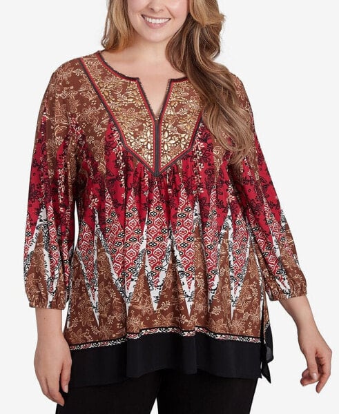 Plus Size Embellished Placket Decorative Border Print Knit Top