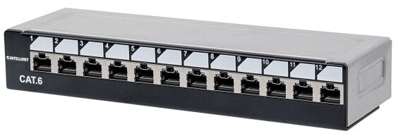 Intellinet Patch Panel - Cat6 - Desktop - UTP - 12-Port - Locking Function - Top Entry Punch Down - Black & Silver - IEEE 802.3 - IEEE 802.3ab - IEEE 802.3an - IEEE 802.3u - 10 Gigabit Ethernet - 40 Gigabit Ethernet - Rj-45 - Gold - U/UTP (UTP) - Black - Silver