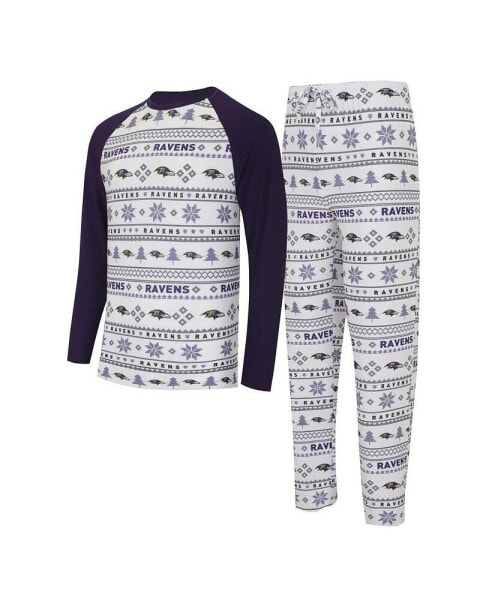 Men's White, Purple Baltimore Ravens Tinsel Raglan Long Sleeve T-shirt and Pants Sleep Set