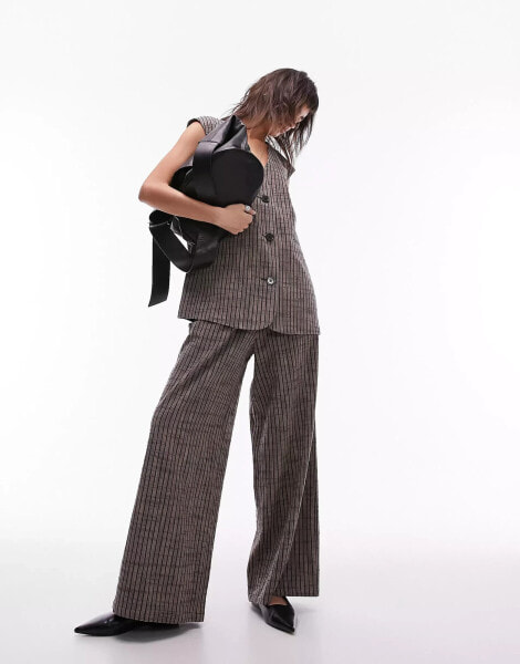 Topshop co-ord stripe linen wide leg pleated trouser in brown