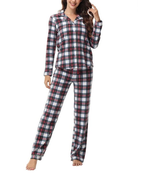 Women's Long Sleeve Notch Collar Top with Lounge Pants 2 Piece Pajama Set