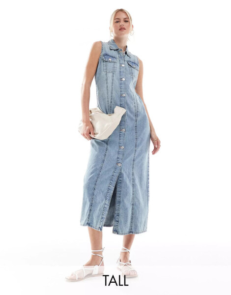 Vero Moda Tall button front sleeveless maxi dress in vintage denim blue