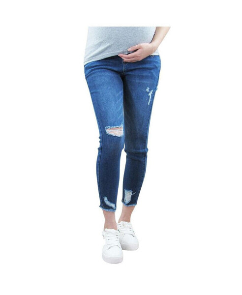 Maternity Jagged Hem Destructed Jean with Belly Band