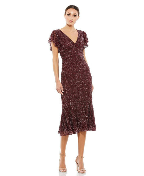 Women's Sequined V Neck Flutter Cap Sleeve Trumpet Dress