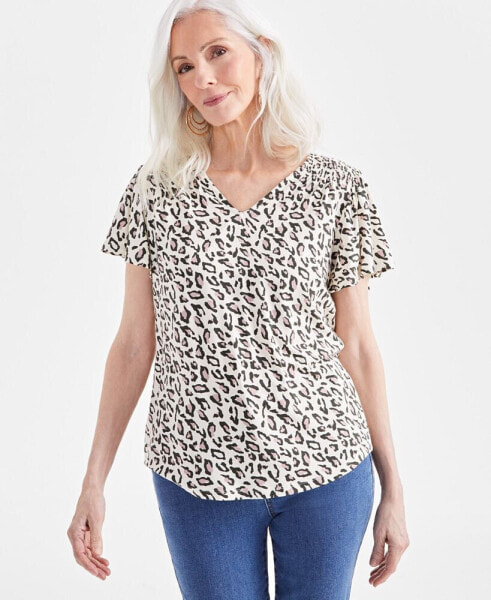 Petite Animal Wind Printed V-Neck Flutter-Sleeve Top, Created for Macy's