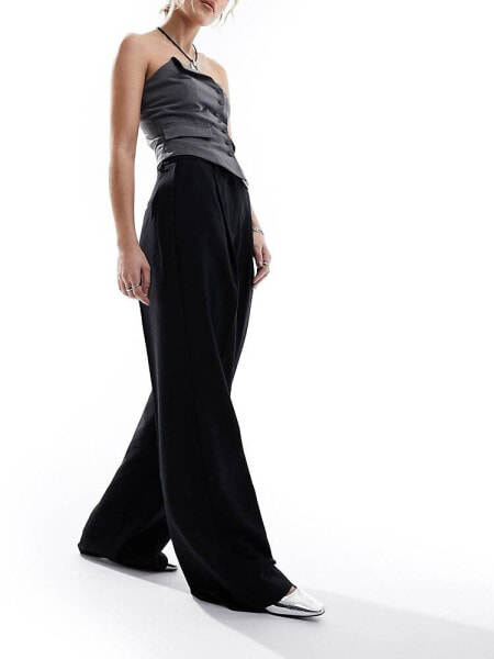 JJXX wide fit high waisted trousers with front pleat in black