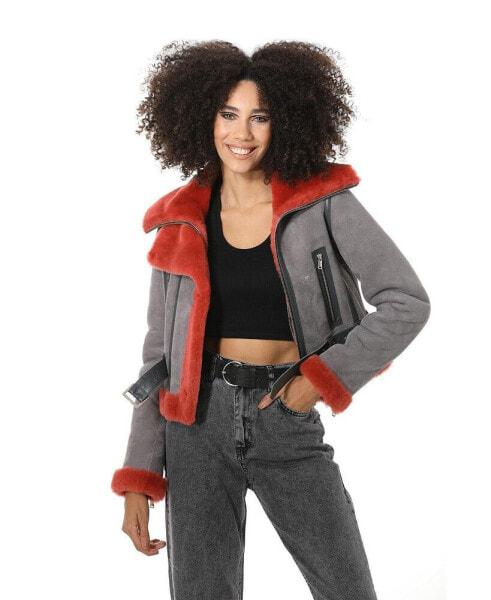 Women's Shearling Fashion Short Jacket, Grey Suede with Coral Wool