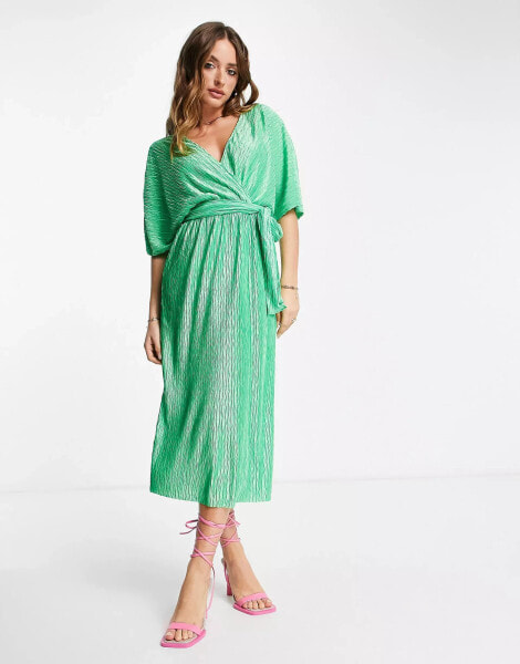 Y.A.S plisse wrap midi dress in green - MGREEN