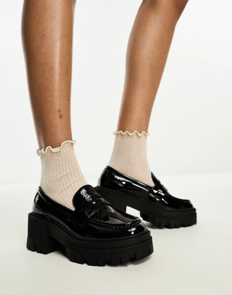 ASOS DESIGN Script chunky mid heeled loafers in black