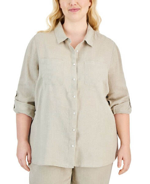 Plus Size 100% Linen Roll-Tab Shirt, Created for Macy's