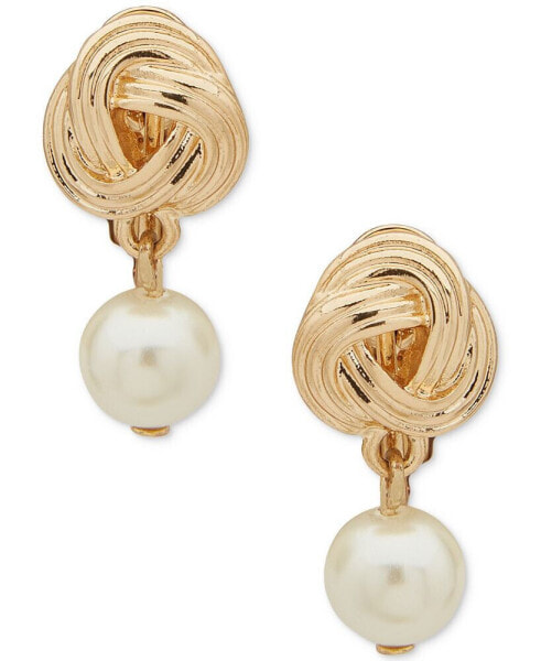 Gold-Tone Textured Knot & Imitation Pearl Clip-On Drop Earrings