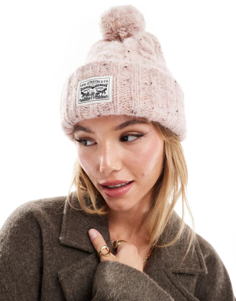 Levi's speckled cable knit pom pom beanie with patch logo in pink