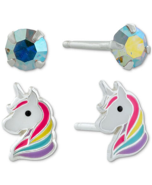 2-Pc. Set Crystal & Enamel Unicorn Stud Earrings in Sterling Silver, Created for Macy's