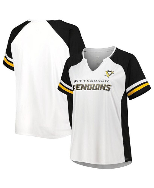 Women's White Pittsburgh Penguins Plus Size Notch Neck Raglan T-shirt