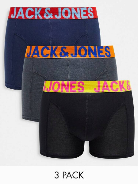 Jack & Jones 3 pack trunks with contrast colour waist band 