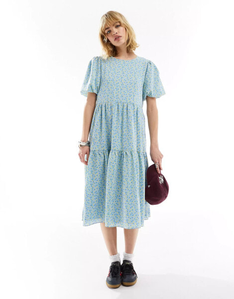 Glamorous short sleeve volume smock dress in blue yellow ditsy