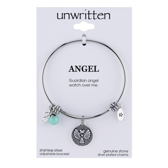 Angel Charm and Amazonite (8mm) Bangle Bracelet in Stainless Steel with Silver Plated Charms