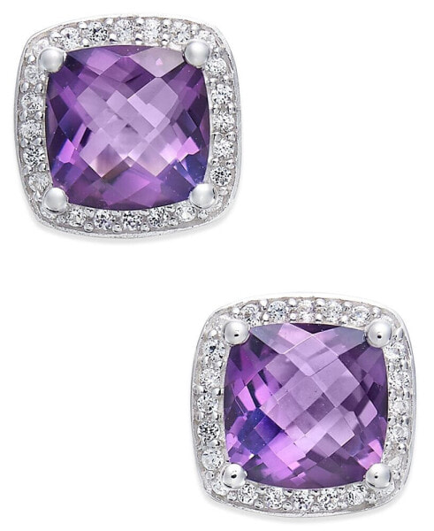 Amethyst (1-3/4 ct. t.w.) and Diamond (1/8 ct. t.w.) Halo Stud Earrings in Sterling Silver