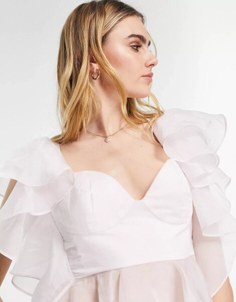 ASOS DESIGN Going Out corset top with organza ruffle sleeve & hem in lilac