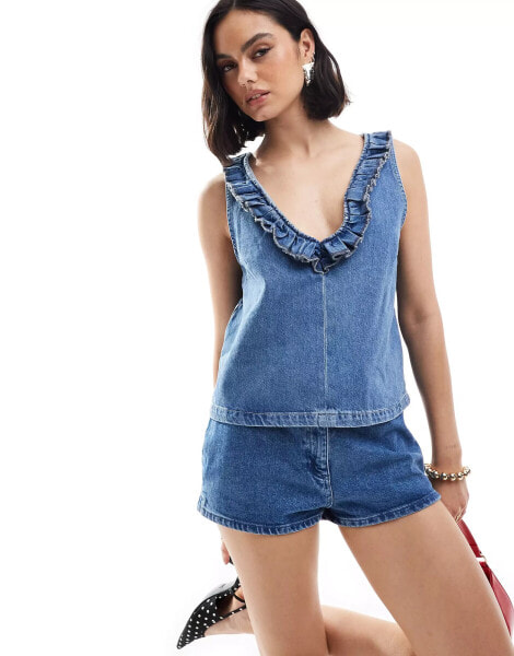 ASOS DESIGN denim frill front top in mid blue